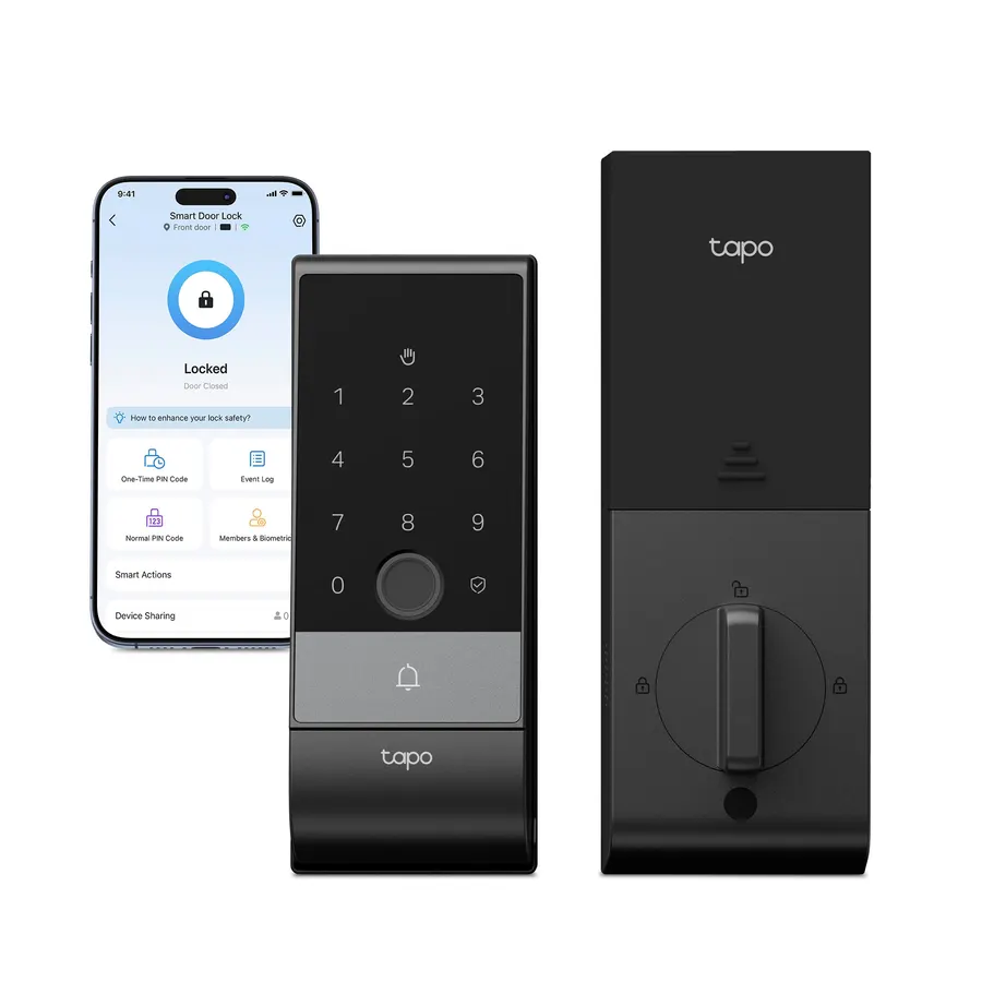 Tapo DL130 smart lock outer keypad unit, inner unit and Tapo app on a phone