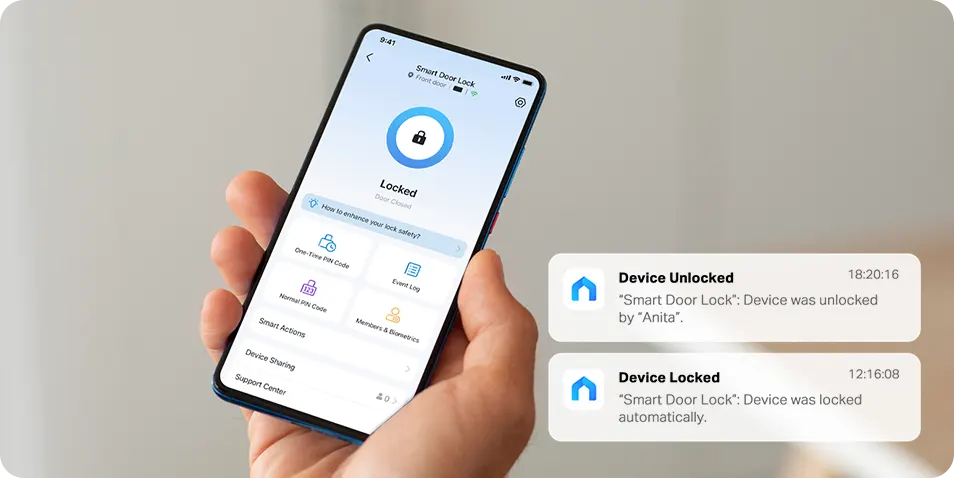 A phone showing a smart lock app with lock and unlock notifications
