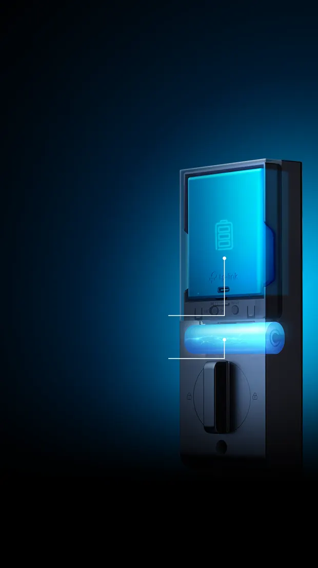 The smart lock lit in blue, illustrating its rechargeable and backup battery design