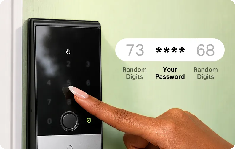 A finger entering a code on a smart lock keypad, with random digits shown around the password